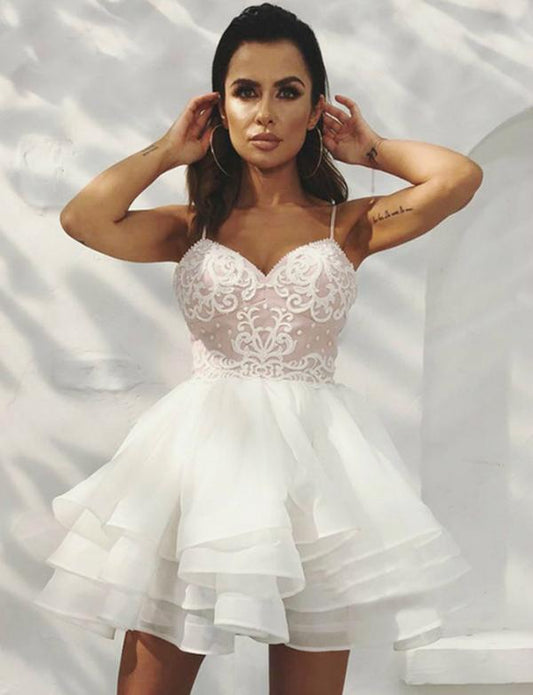 A-Line Spaghetti Straps White Organza Dress With Homecoming Dresses Alani Cocktail Appliques CD550