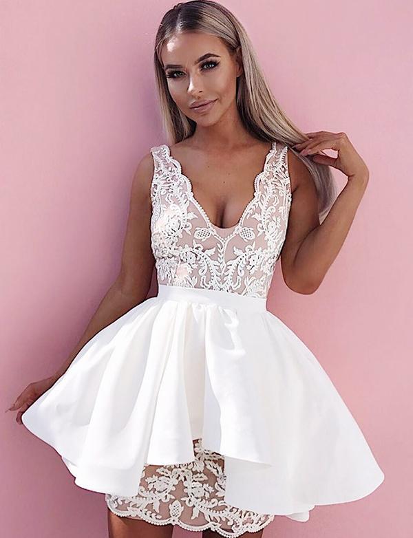 A-Line Deep V-Neck Homecoming Dresses Elena Cocktail Satin White Dress With Appliques CD558