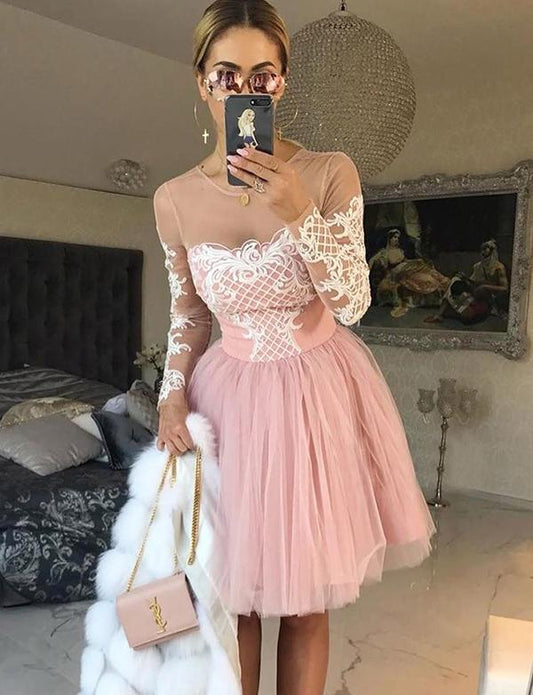 A-Line Jewel Long Sleeves Tulle Dress With Appliques Pink Homecoming Dresses Edith Cocktail CD559