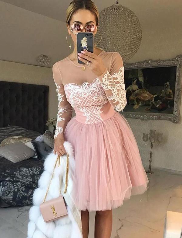 A-Line Jewel Long Sleeves Tulle Dress With Appliques Mckayla Cocktail Pink Homecoming Dresses XXA559