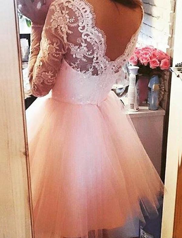 A-Line Square Long Homecoming Dresses Emma Pink Lace Cocktail Sleeves Tulle Dress With XXA562