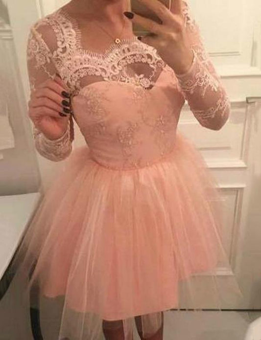 A-Line Square Long Homecoming Dresses Emma Pink Lace Cocktail Sleeves Tulle Dress With XXA562