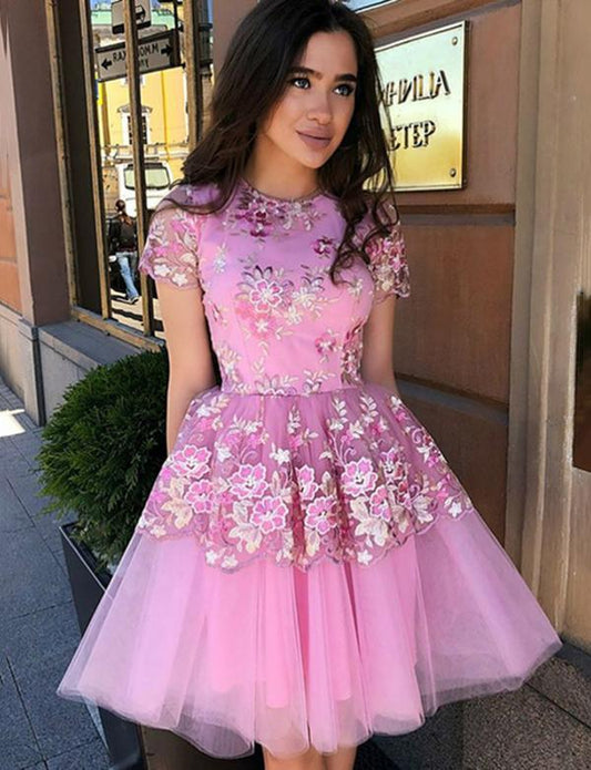 Pink Homecoming Dresses Grace Cocktail A-Line Jewel Short Tulle Dress With Appliques CD564