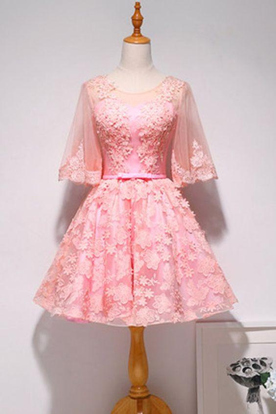 Round Neck Short Party Dress With Mid Sleeve Homecoming Dresses Estrella Pink Lace XXA5682