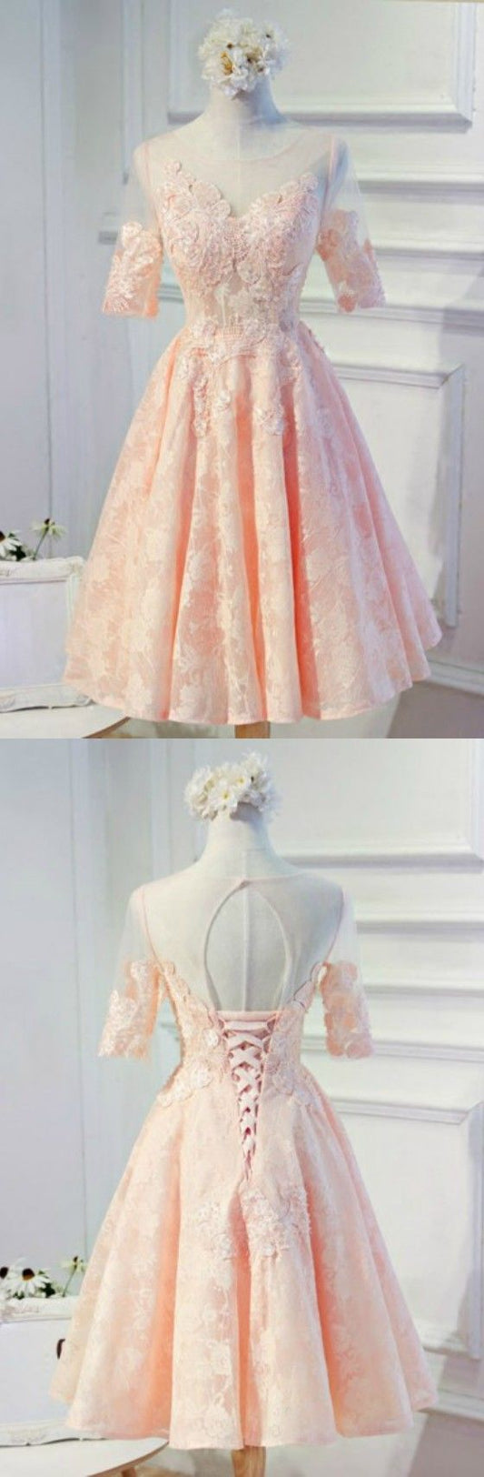 Feminine A-Line Scoop Neck Tea-Length Tulle April Homecoming Dresses Lace With Appliques XXA5687