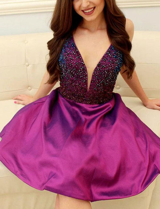 A-Line V Neck Short Homecoming Dresses Cocktail Dylan Party Dresses With Beading CD569