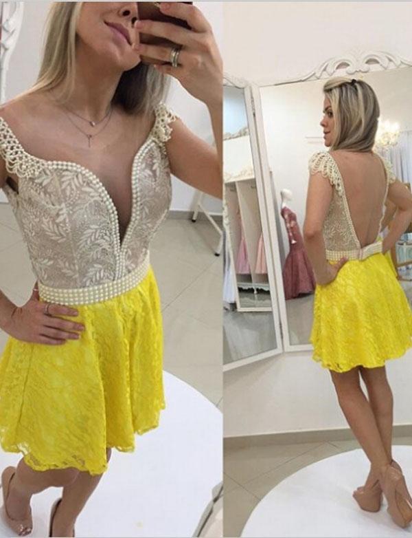 Round Neck Cap Sleeves Yellow Red Short Crystal Homecoming Dresses Lace With Pearls XXA570