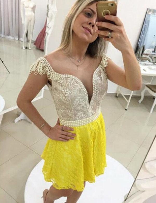 Round Neck Cap Sleeves Yellow Red Short Crystal Homecoming Dresses Lace With Pearls XXA570