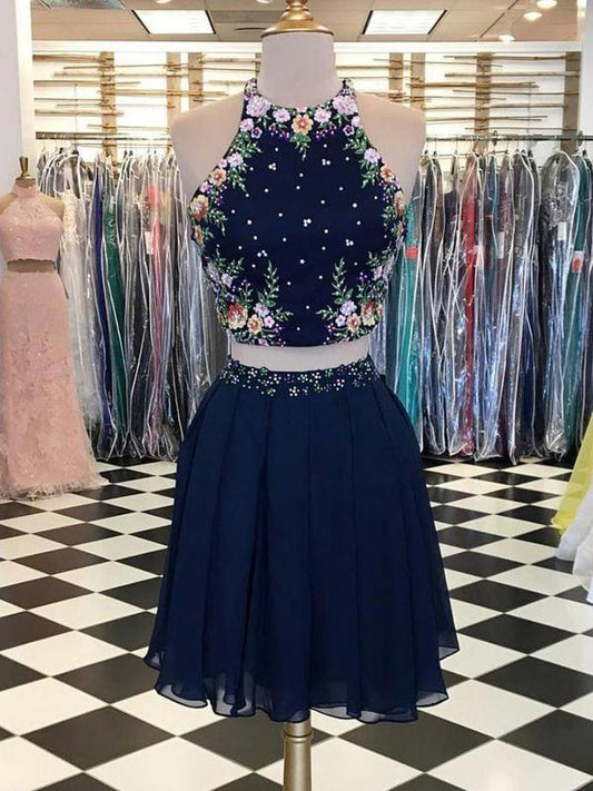 Sexy Navy Blue Short With Rebekah Two Pieces Homecoming Dresses Halter Neckline Affordable CD590