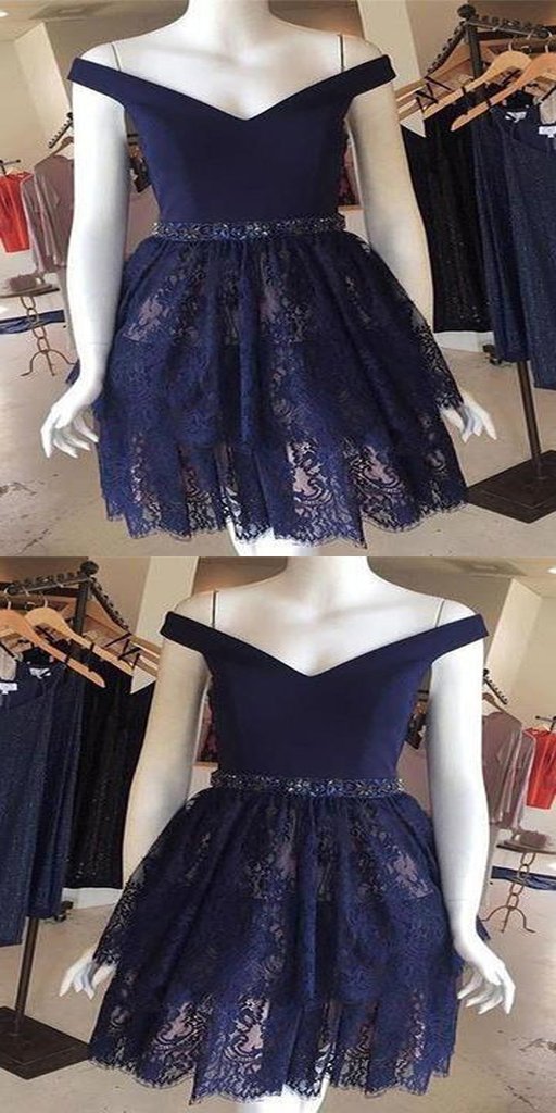 2024 A-Line Dark Homecoming Dresses Lace Abagail Navy Off Shoulder Short XXA591