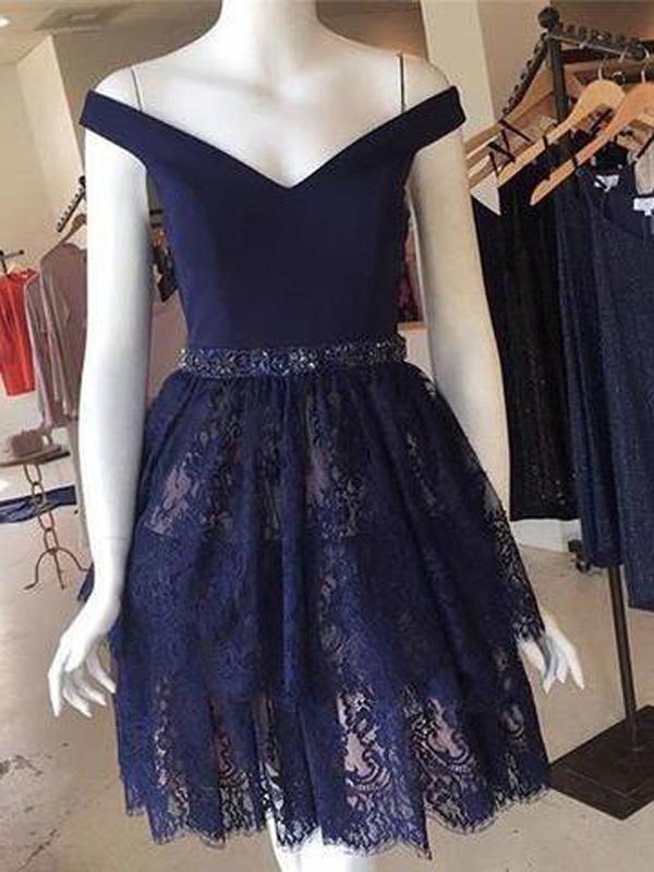 2024 A-Line Dark Homecoming Dresses Lace Abagail Navy Off Shoulder Short XXA591