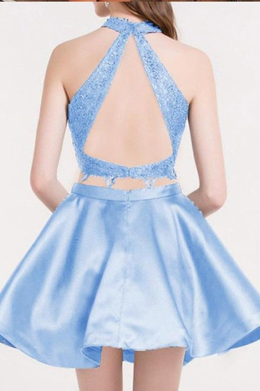 Skye Blue Two Piece Halter Sleeveless Keyhole Back Appliques Homecoming Dresses A Line Haylie Short XXA61