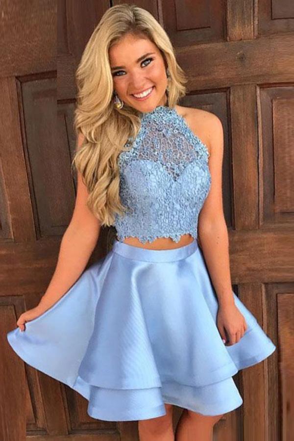 Skye Blue Two Piece Halter Sleeveless Keyhole Back Appliques Homecoming Dresses A Line Haylie Short XXA61