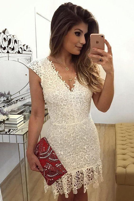 Lace Ivory Erin Homecoming Dresses Sheath V-Neck Knee-Length Cap Sleeves XXA648