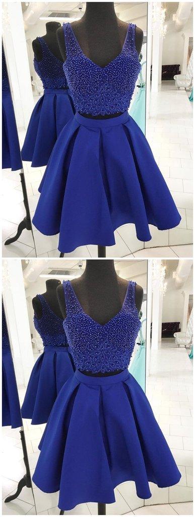 V Neck Beaded Homecoming Dresses Tricia Royal Blue Two Piece CD65