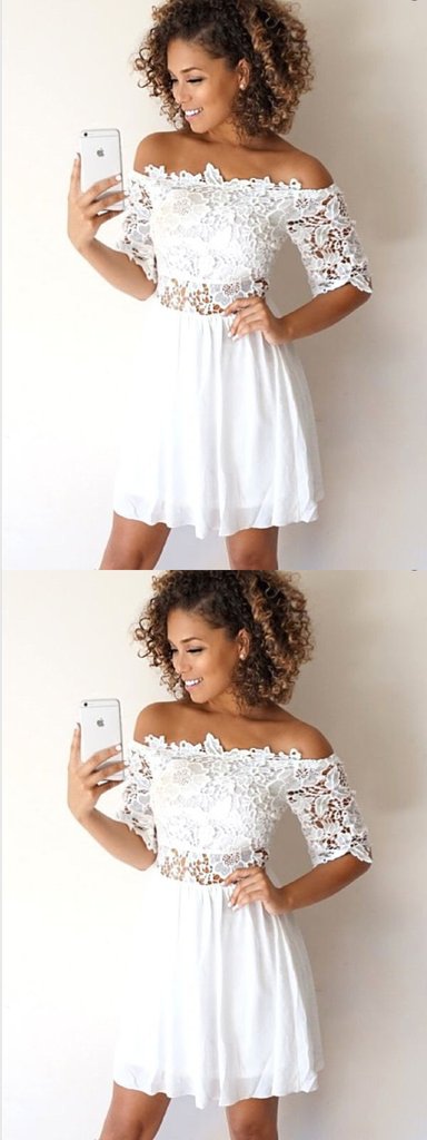 Lace Mayra Homecoming Dresses A-Line Off-The-Shoulder Half Sleeves White Short XXA653