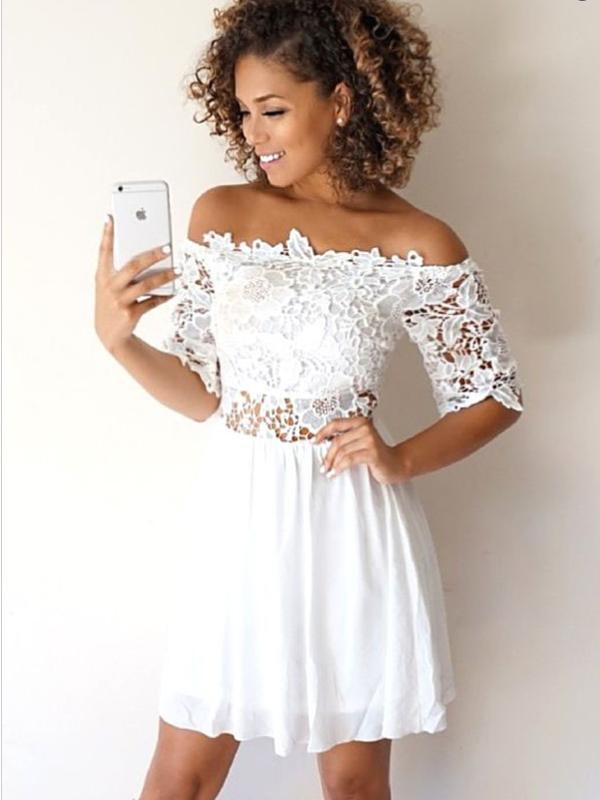 Lace Mayra Homecoming Dresses A-Line Off-The-Shoulder Half Sleeves White Short XXA653