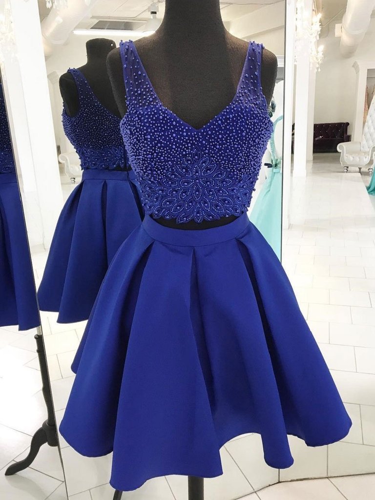 V Neck Beaded Homecoming Dresses Tricia Royal Blue Two Piece CD65