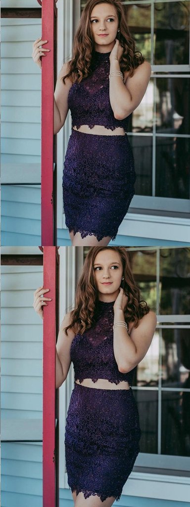 Lace Homecoming Dresses Micah Two Piece Purple Beaded Tight CD661