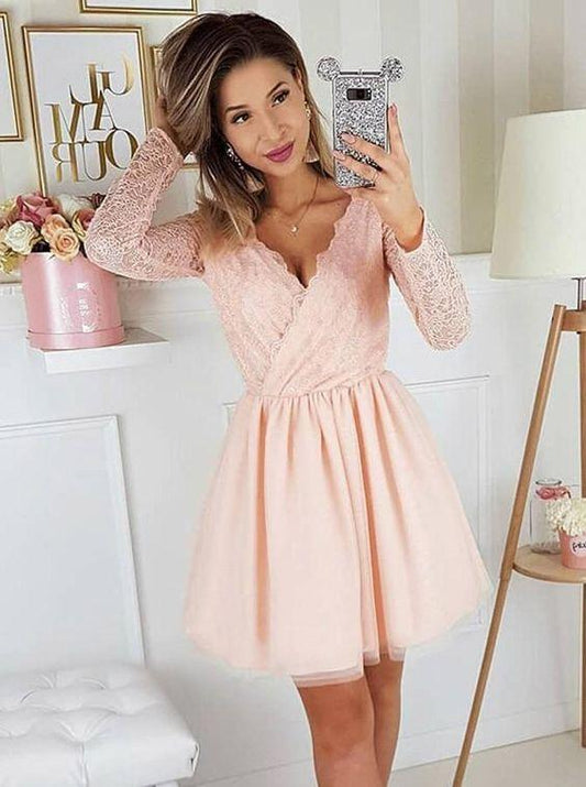 Ball Gown Dresses A-Line V-Neck Long Sleeves Pink Homecoming Dresses Lace Rose Party Dress With XXA6651