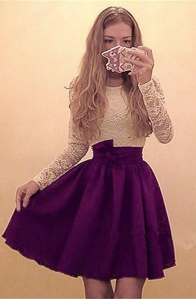 A-Line Round Neck Long Sleeves Purple Homecoming Dresses Lace Chiffon Hailie Short With XXA6667