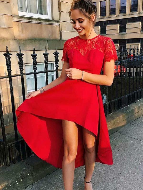 A-Line Lace Homecoming Dresses Jolie Round Neck Short Sleeves Red High Low With XXA667