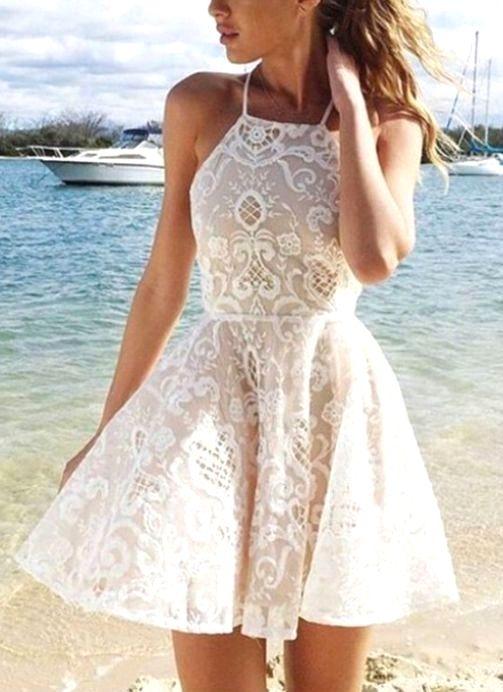 A-Line Halter Short Dress Party Dress Simple Popular Ivory Lace Aubrey Homecoming Dresses XXA67