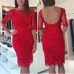 Half Sleeve Short With Beaded Red Evening Dress Knee Length Homecoming Dresses Thirza Lace Gown XXA6749