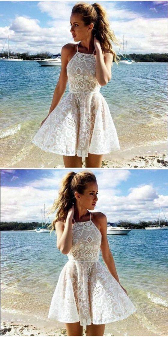 A-Line Halter Short Dress Party Dress Simple Popular Ivory Lace Aubrey Homecoming Dresses XXA67