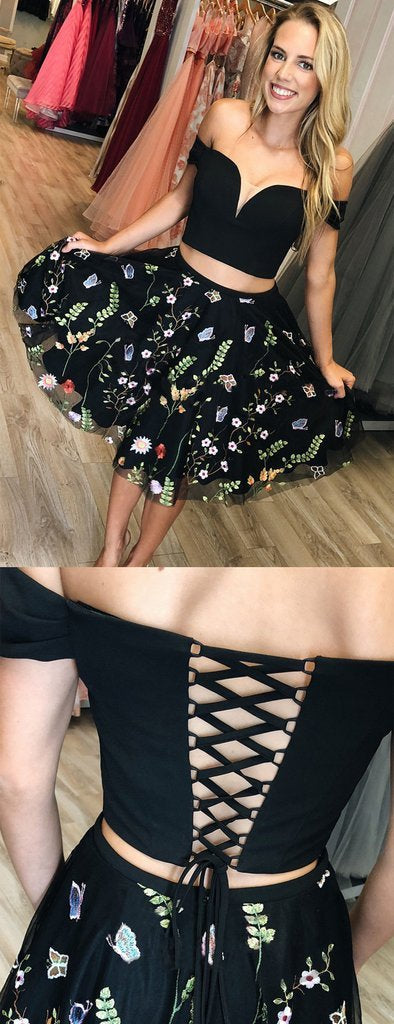 Black Two Piece Off Shoulder Homecoming Dresses Alice Embroidery CD759