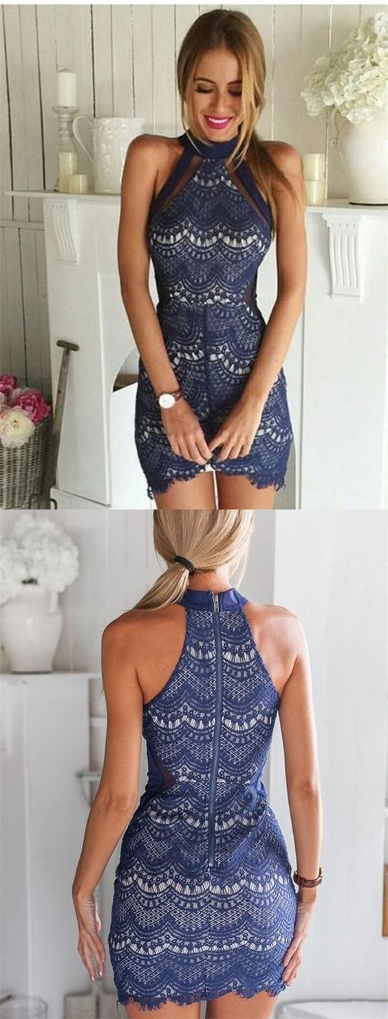 Sheath High Neck Sleeveless Navy Homecoming Dresses Lace Kate Blue Mini With XXA765