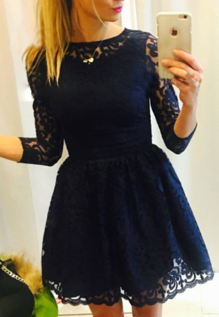 A-Line Bateau 3/4 Sleeves Lace Homecoming Dresses Lillie Navy Blue XXA766