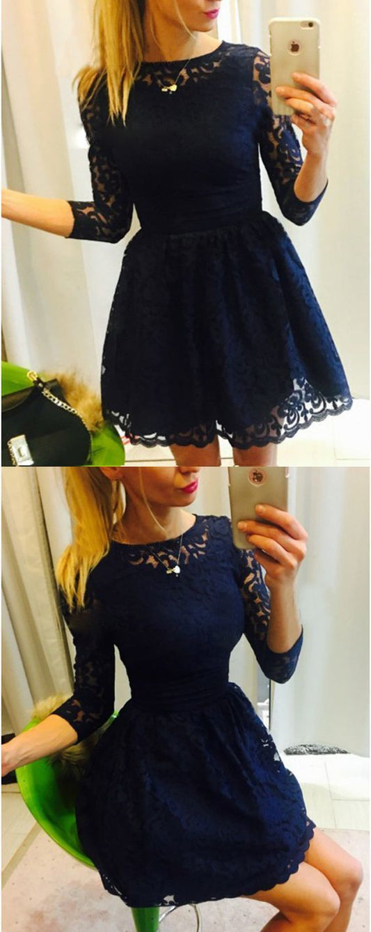 A-Line Bateau 3/4 Sleeves Lace Homecoming Dresses Lillie Navy Blue XXA766