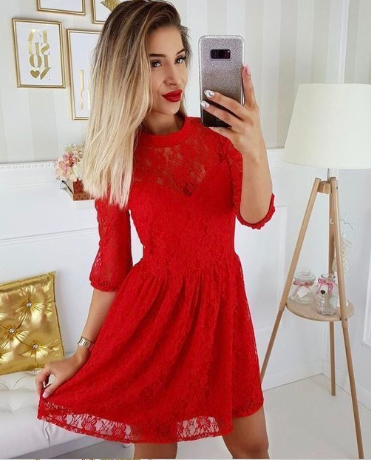 A-Line Round Neck 3/4 Sleeves Red Short Lace Maren Homecoming Dresses XXA770