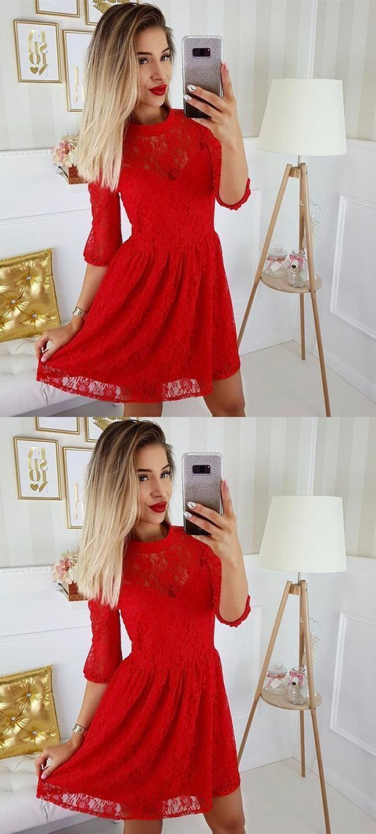 A-Line Round Neck 3/4 Sleeves Red Short Lace Maren Homecoming Dresses XXA770