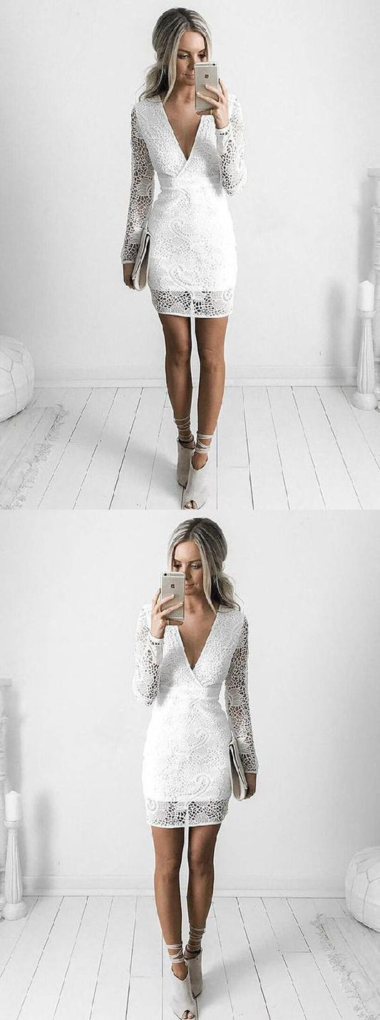 White V-Neck Sheath Short White Dress With Long Sleeves Homecoming Dresses Karla Lace Cocktail CD784