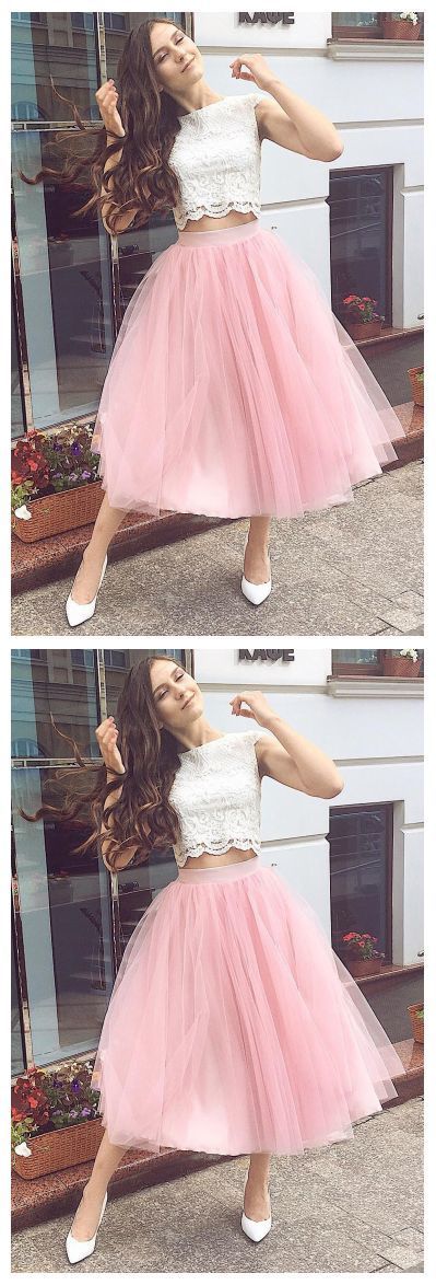 Fashion Zoe Lace Pink Homecoming Dresses Two Piece Tulle Party Dress CD8030