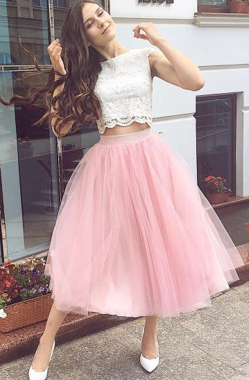 Fashion Zoe Lace Pink Homecoming Dresses Two Piece Tulle Party Dress CD8030