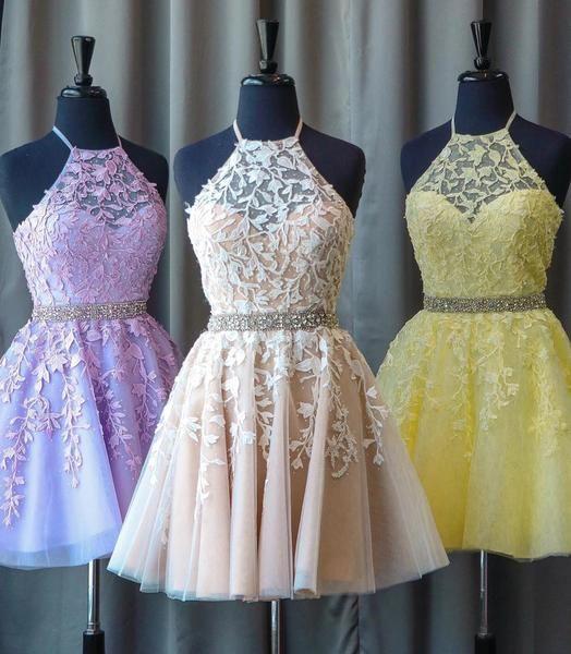 Open Briana Homecoming Dresses Lace Back High Neck Light Yellow Short Dress XXA8044