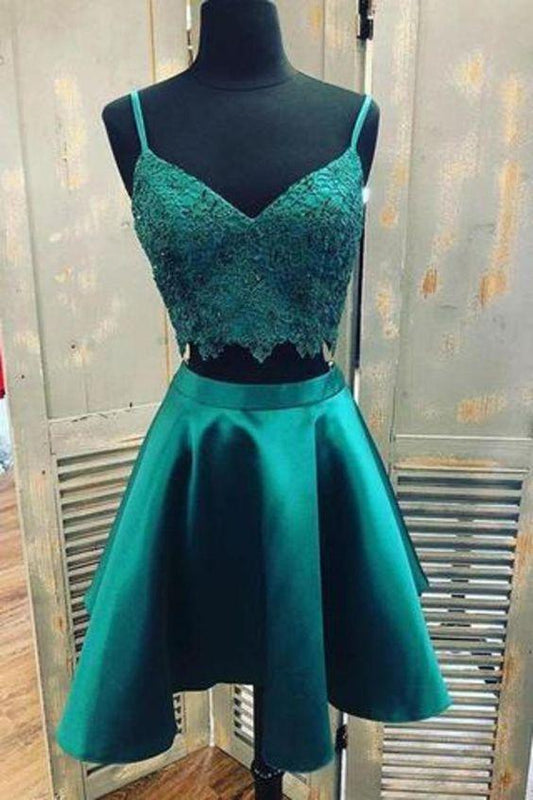 Teal Satin Josephine Lace Homecoming Dresses Two Piece With Spaghetti Strap Graduation XXA8105