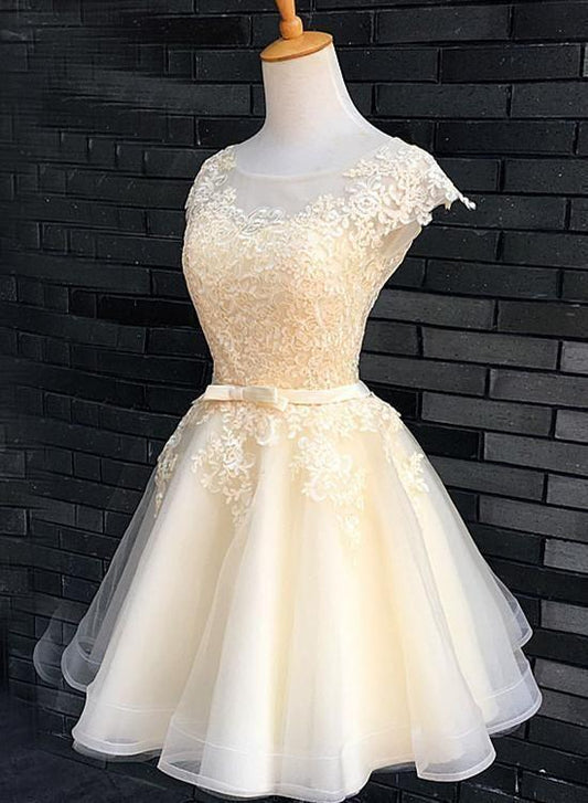 Champagne Cute Homecoming Dresses Jess Lace Knee Length Formal Dress Graduation Party Dress XXA8472