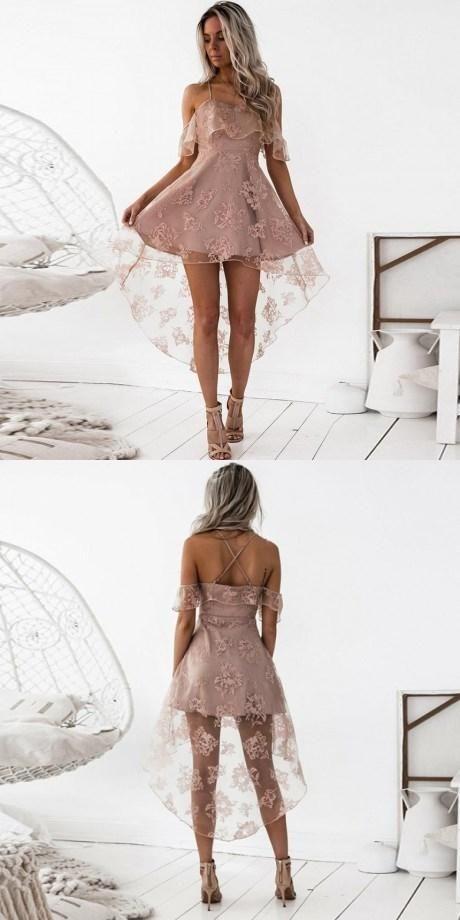 Fancy Party Dress A-Line Spaghetti Straps High Carolina Lace Homecoming Dresses Low Blush With Ruffles XXA85