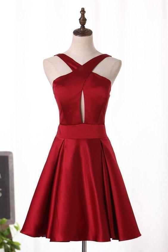 Satin A Line Cocktail Lara Homecoming Dresses Open Back Dresses V Neck XXA8537