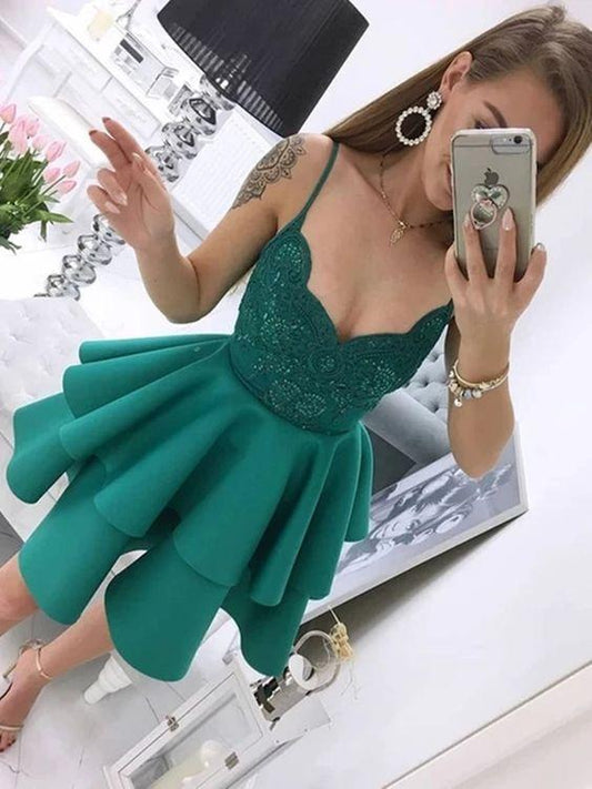 Lace Homecoming Dresses Kaylen Spaghetti Straps Green Short Layered Green Formal Graduation Evening Dresses XXA8744