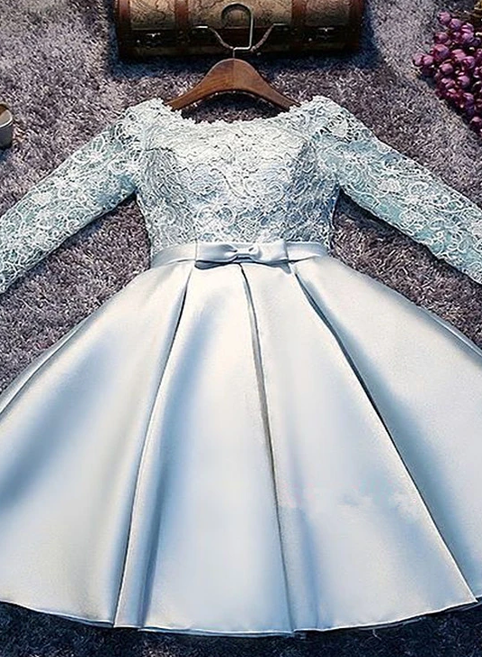 Light Blue And Long Maeve Homecoming Dresses Lace Satin Sleeves Party Dress Cute Short Graduation XXA8766