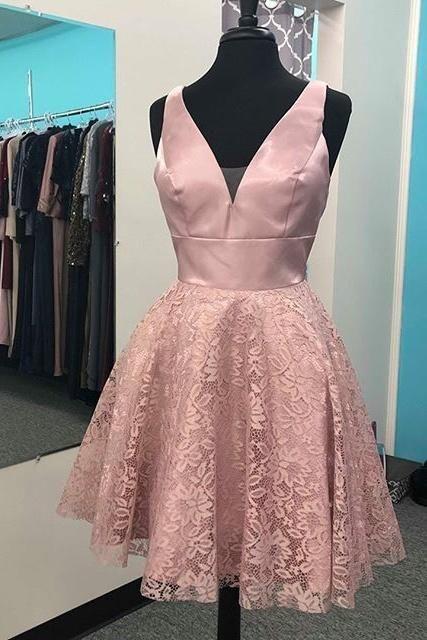 Pretty V-Neck V-Neck Caitlin Homecoming Dresses Lace Pink Satin Short XXA8797