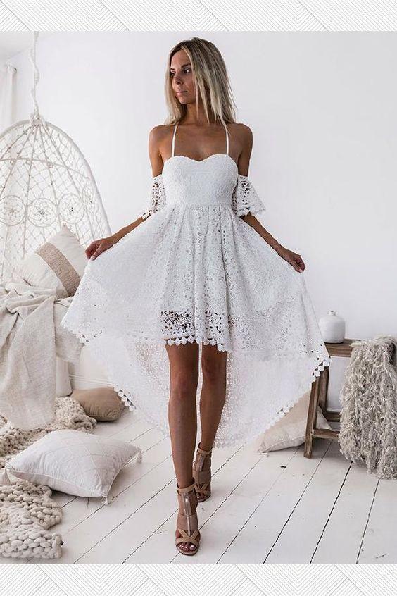 White Party Dress Homecoming Dresses Kit Lace A-Line Spaghetti Straps Short Sleeves High Low White XXA87