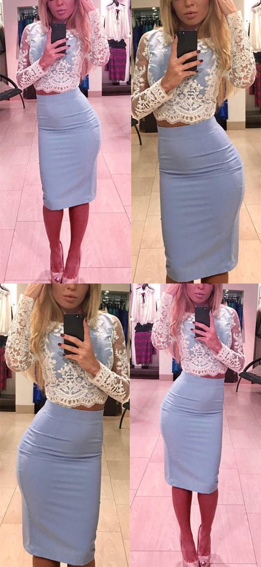 Long Sleeves Crop Kailyn Homecoming Dresses Lace Top Dresses Short Elegant XXA880