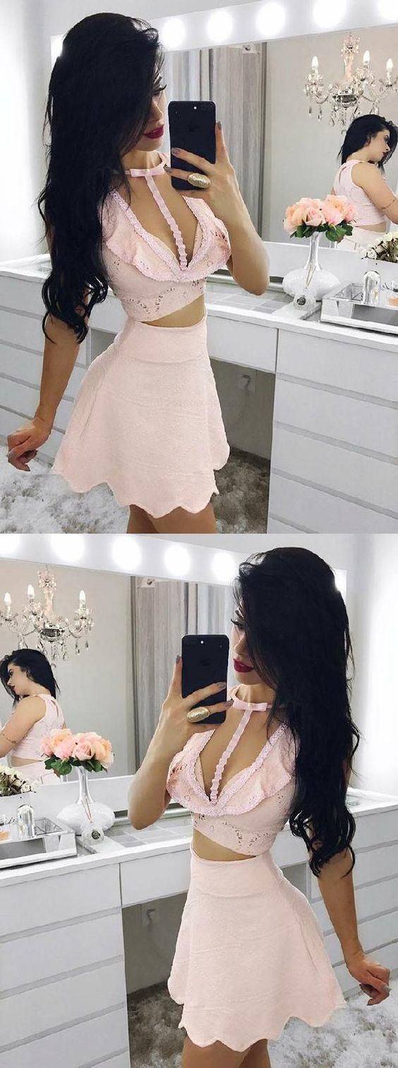 Engrossing Two Piece Homecoming Dresses Pink Lace Isis CD885