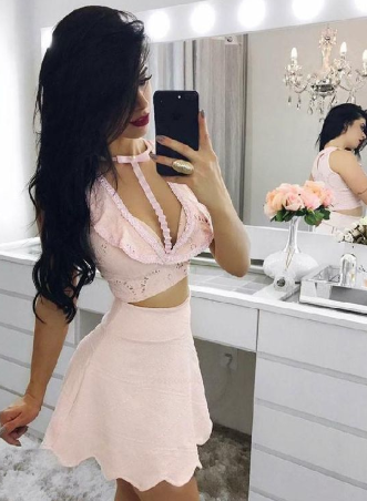 Engrossing Two Piece Homecoming Dresses Pink Lace Isis CD885